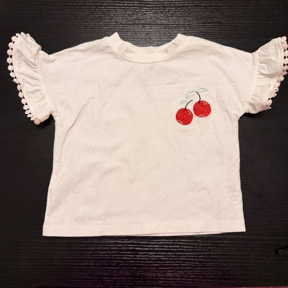 Rachel Zoe Kids White Cherry Embroidered Pom Pom Trim Flutter Sleeve‎ T Shirt 3T